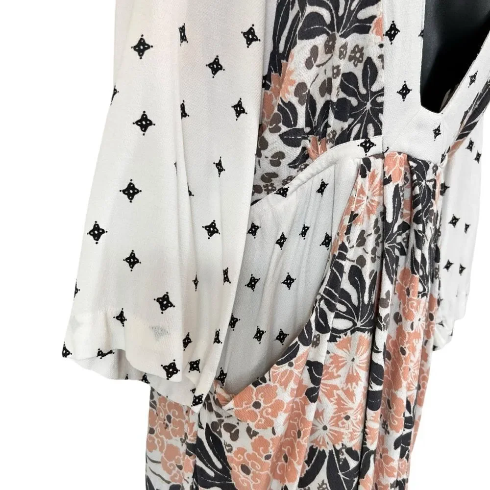 FREE PEOPLE Tallula White Print Kimono Sleeve Mini Dress Medium Neutral